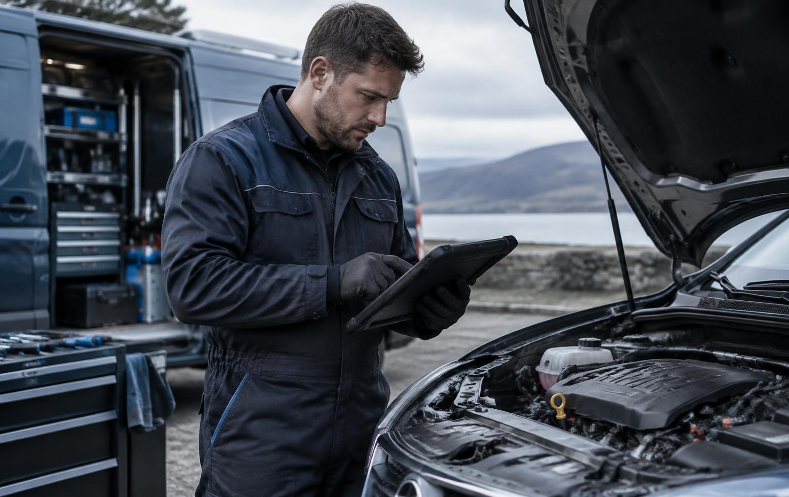 Mobile mechanic using diagnostic equipment on a customer's car