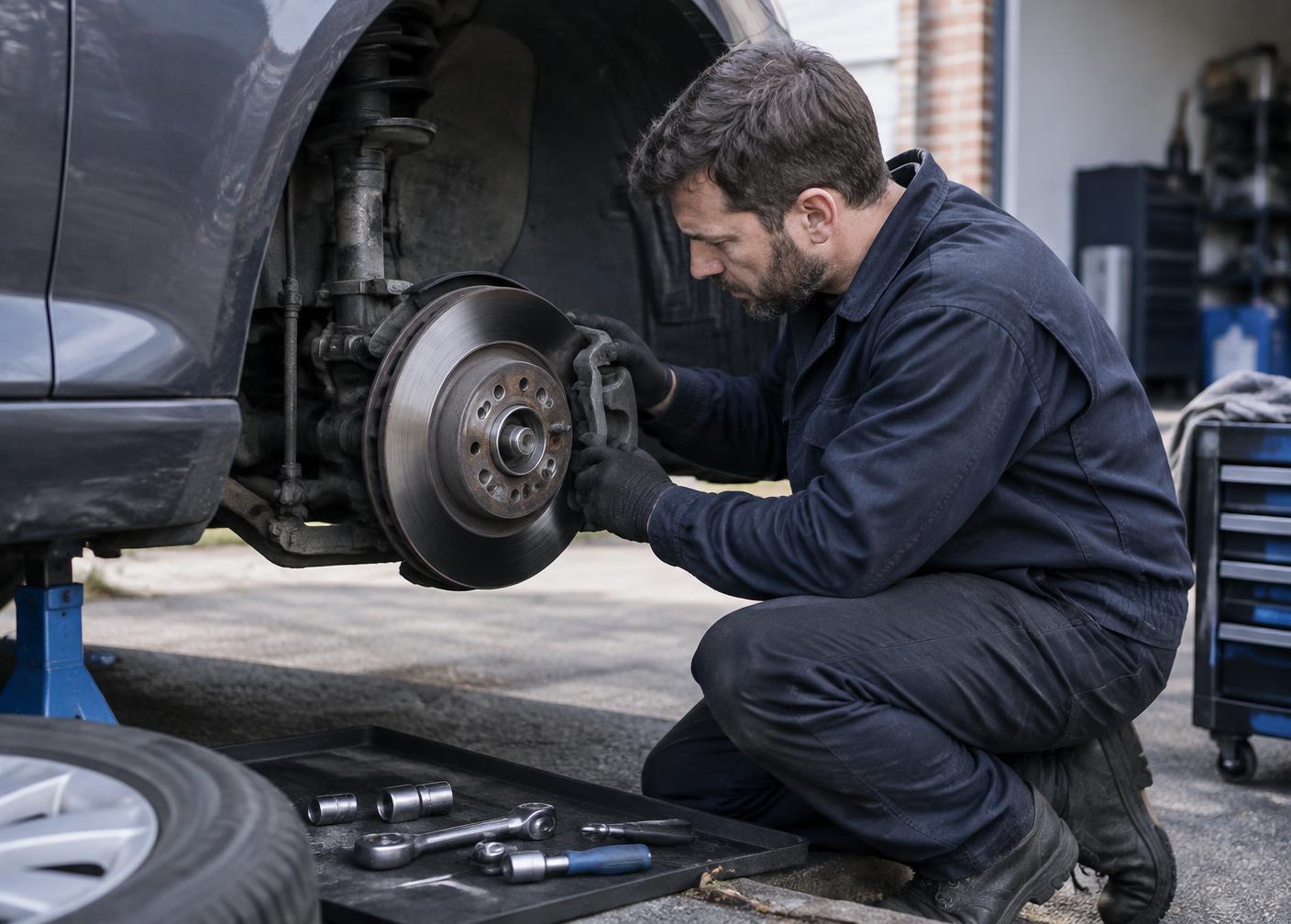Independent mobile mechanic carefully inspecting a vehicle's brakes